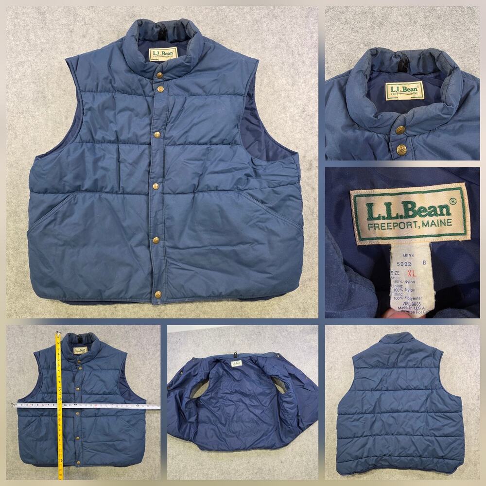 Vintage LL Bean Vest Mens XL Blue Nylon Insulated Snap Puffer Made USA 90s 80s